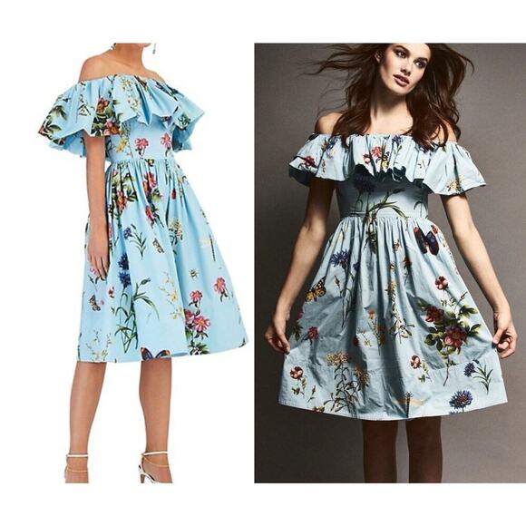 Oscar De La Renta Light Blue Floral Off Shoulder Midi Dress 2 Poplin Flare $2590 - Picture 1 of 16